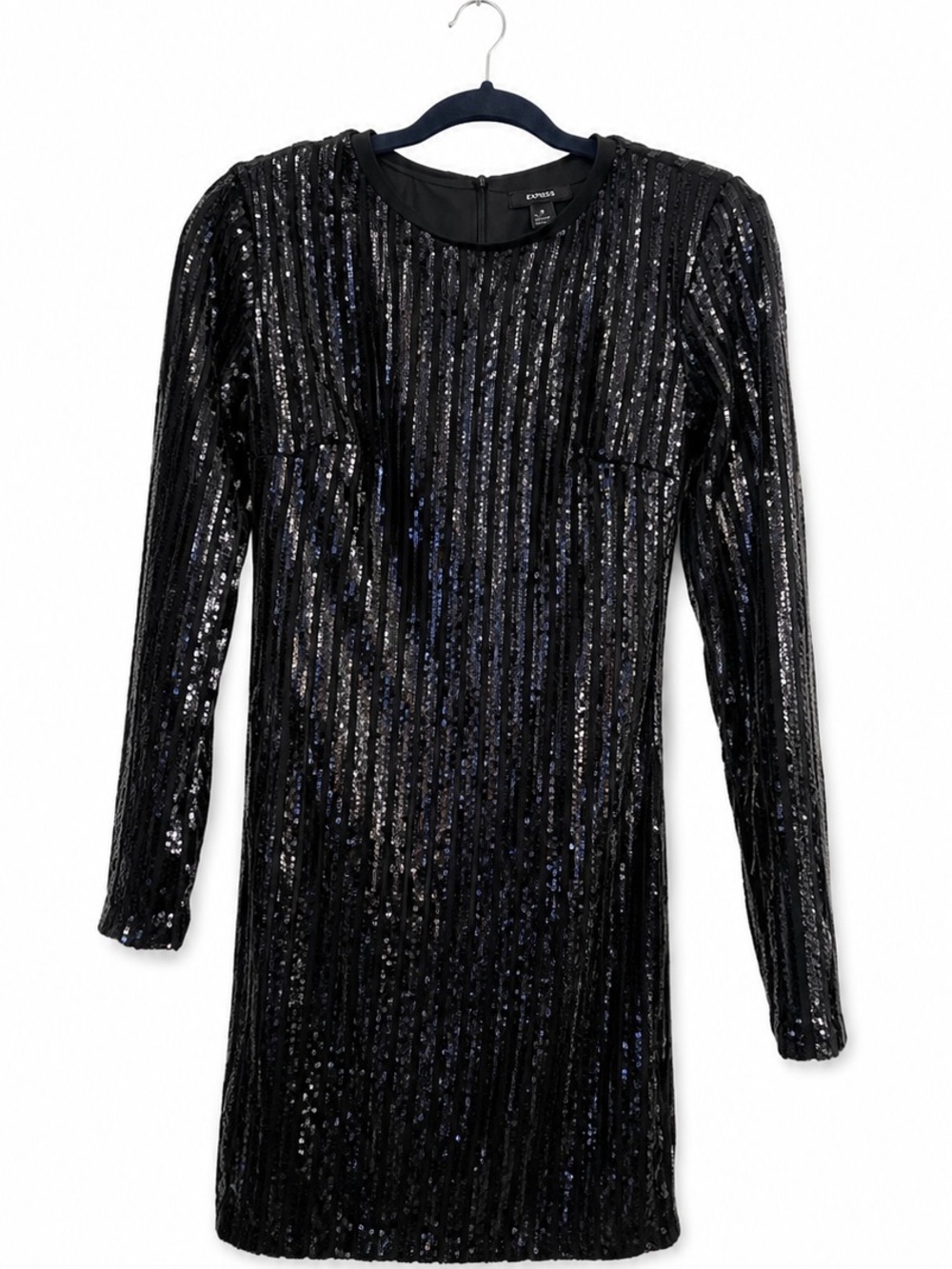 Forever 21 S SEQUIN DRESS Black Squared Shoulder Striped Party Long Sleeve Mini